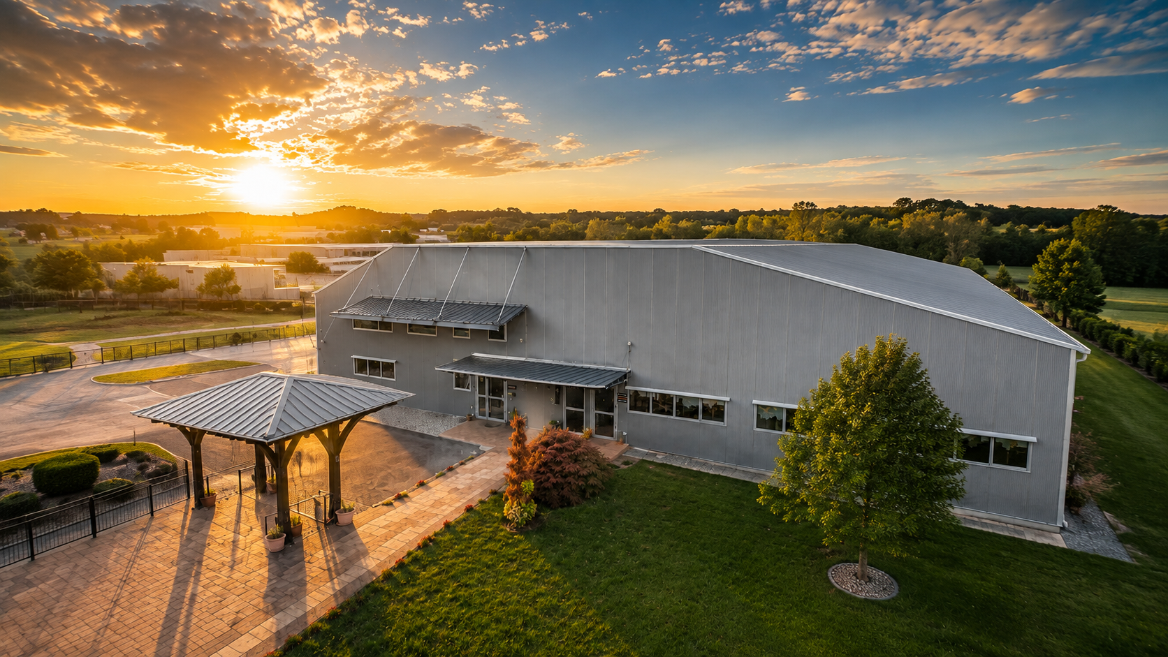 Aerial drone view of Maktois factory at sunset
